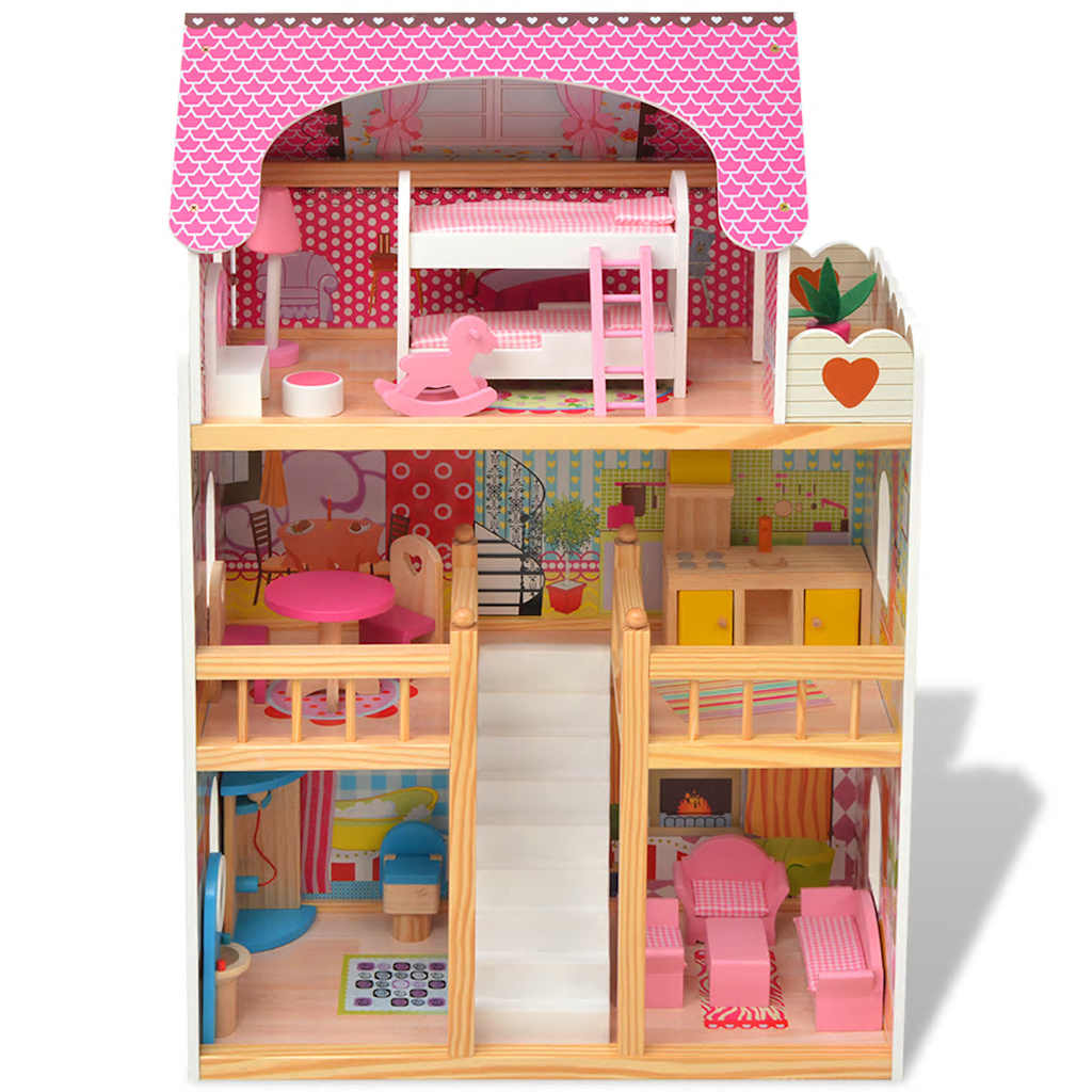 Houten Poppenhuis met 3 Verdiepingen – 60x30x90 cm – Groot Poppenhuis voor Kinderen – Inclusief Meubeltjes – Geschikt voor Poppen tot 12 cm