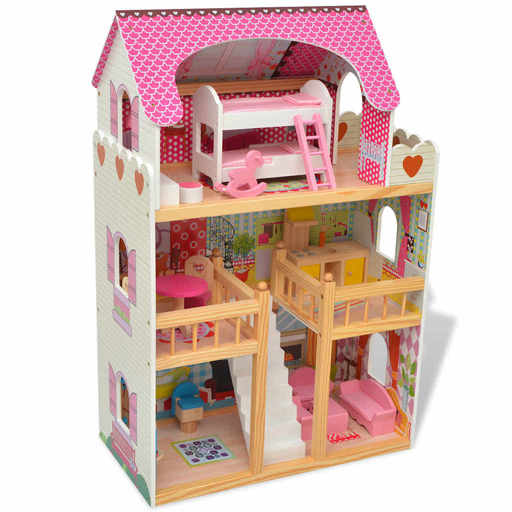 Houten Poppenhuis met 3 Verdiepingen – 60x30x90 cm – Groot Poppenhuis voor Kinderen – Inclusief Meubeltjes – Geschikt voor Poppen tot 12 cm