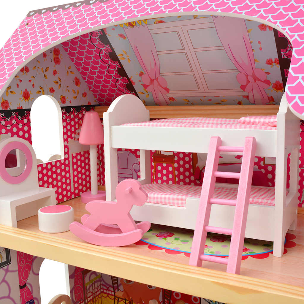 Houten Poppenhuis met 3 Verdiepingen – 60x30x90 cm – Groot Poppenhuis voor Kinderen – Inclusief Meubeltjes – Geschikt voor Poppen tot 12 cm