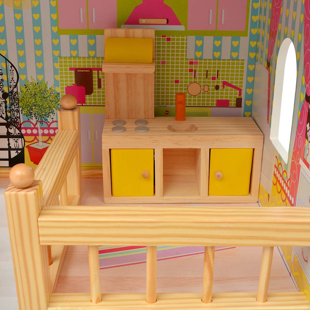 Houten Poppenhuis met 3 Verdiepingen – 60x30x90 cm – Groot Poppenhuis voor Kinderen – Inclusief Meubeltjes – Geschikt voor Poppen tot 12 cm - keuken