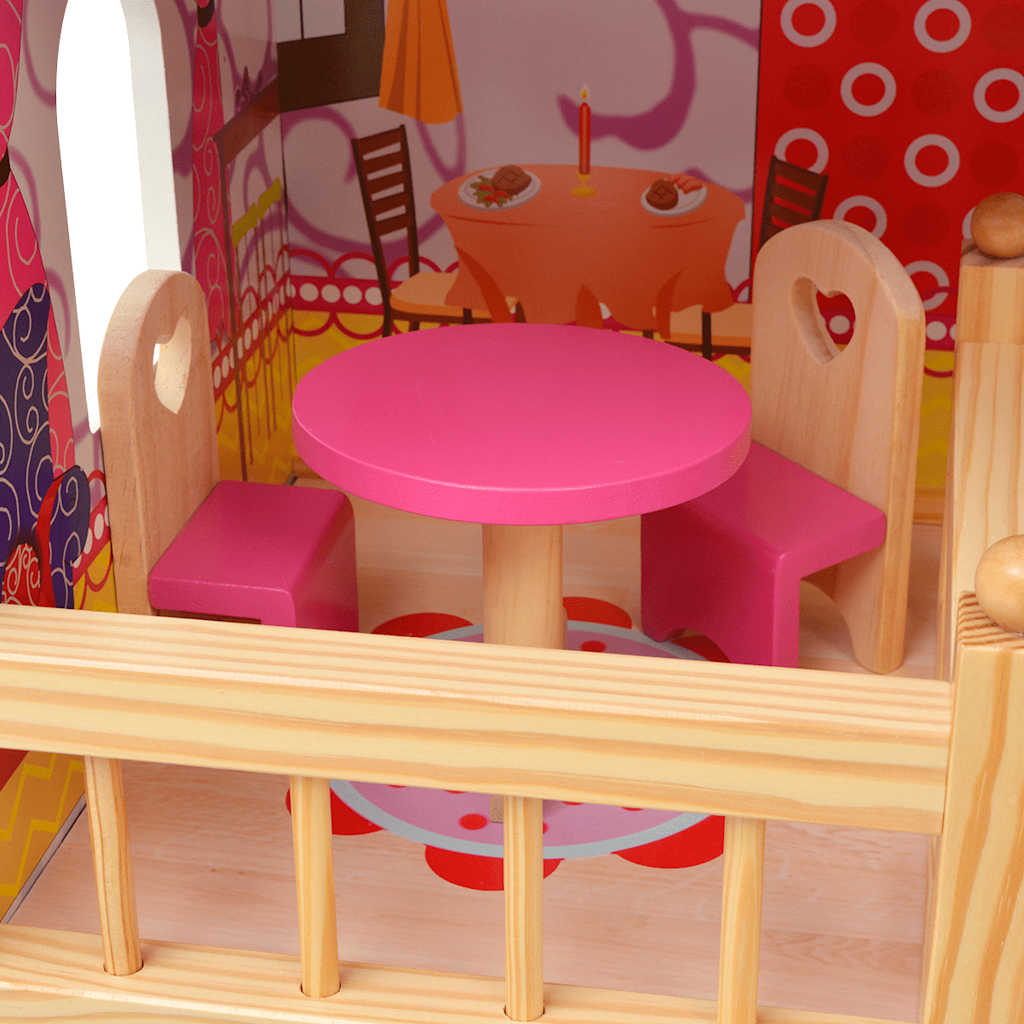 Houten Poppenhuis met 3 Verdiepingen – 60x30x90 cm – Groot Poppenhuis voor Kinderen – Inclusief Meubeltjes – Geschikt voor Poppen tot 12 cm - eethoek