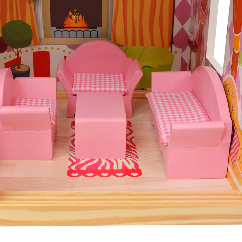 Houten Poppenhuis met 3 Verdiepingen – 60x30x90 cm – Groot Poppenhuis voor Kinderen – Inclusief Meubeltjes – Geschikt voor Poppen tot 12 cm - zithoek