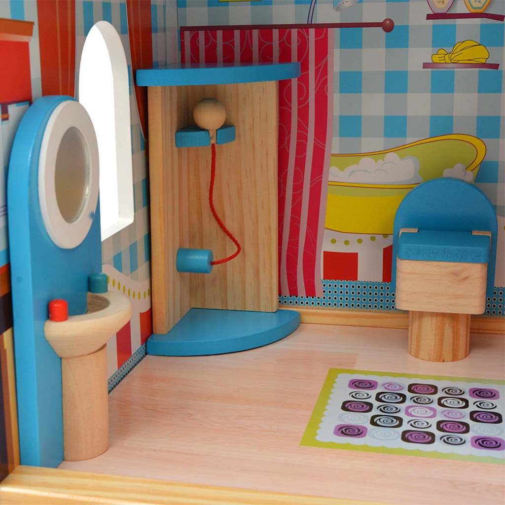 Houten Poppenhuis met 3 Verdiepingen – 60x30x90 cm – Groot Poppenhuis voor Kinderen – Inclusief Meubeltjes – Geschikt voor Poppen tot 12 cm - badkamer