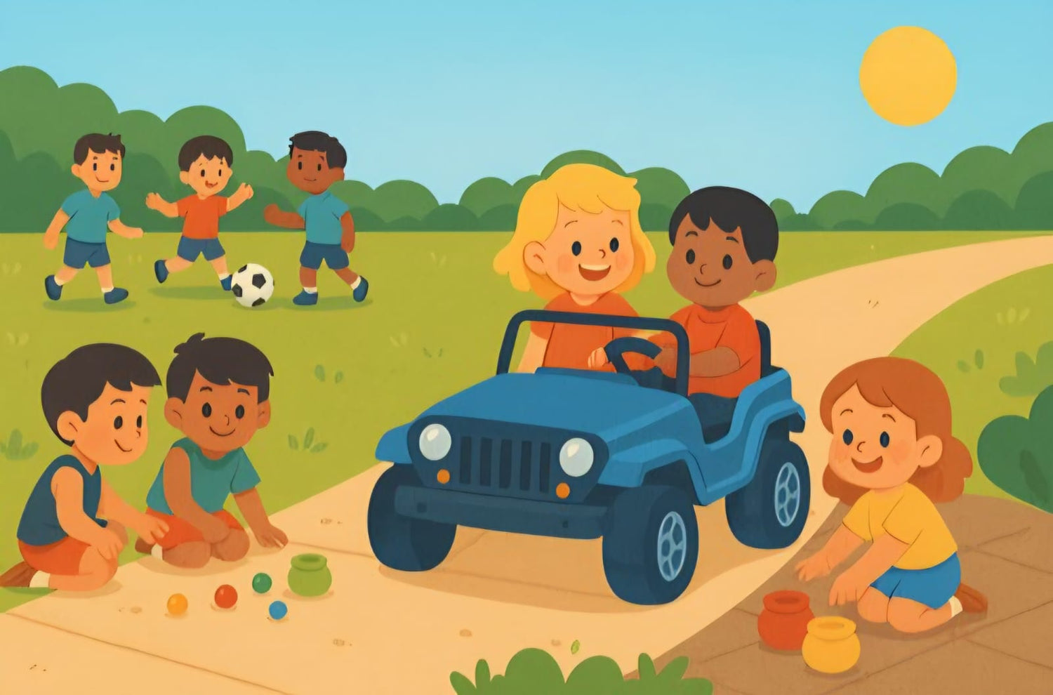 Kinderen spelen buiten met speelgoed: elektrische auto, zandbakset, kleurrijk parachutespel en speelgoedauto’s – actief buitenspeelgoed voor kinderen