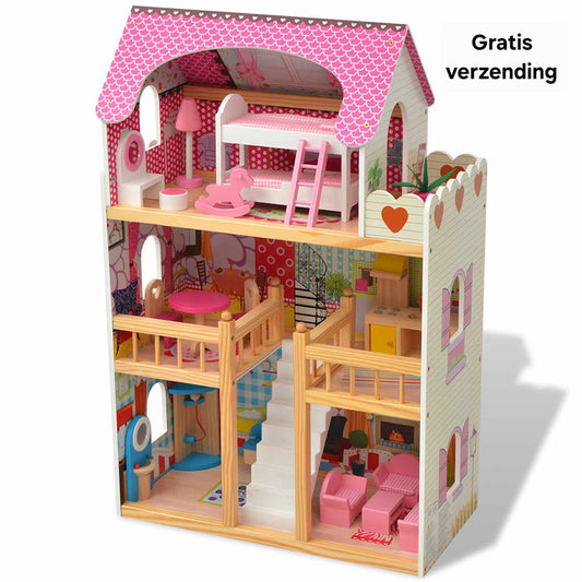 Houten Poppenhuis met 3 Verdiepingen – 60x30x90 cm – Groot Poppenhuis voor Kinderen – Inclusief Meubeltjes – Geschikt voor Poppen tot 12 cm