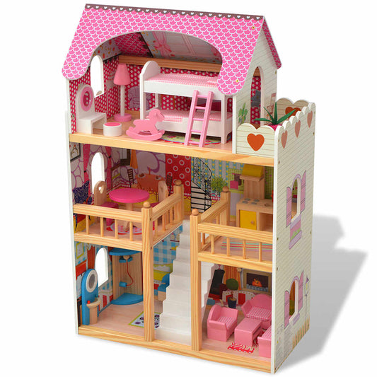 Houten Poppenhuis met 3 Verdiepingen – 60x30x90 cm – Groot Poppenhuis voor Kinderen – Inclusief Meubeltjes – Geschikt voor Poppen tot 12 cm