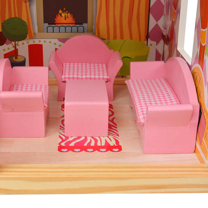 Houten Poppenhuis met 3 Verdiepingen – 60x30x90 cm – Groot Poppenhuis voor Kinderen – Inclusief Meubeltjes – Geschikt voor Poppen tot 12 cm - zithoek
